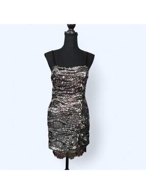 Black silver sequin strapless mini dress ruched party club Size Small 🖤